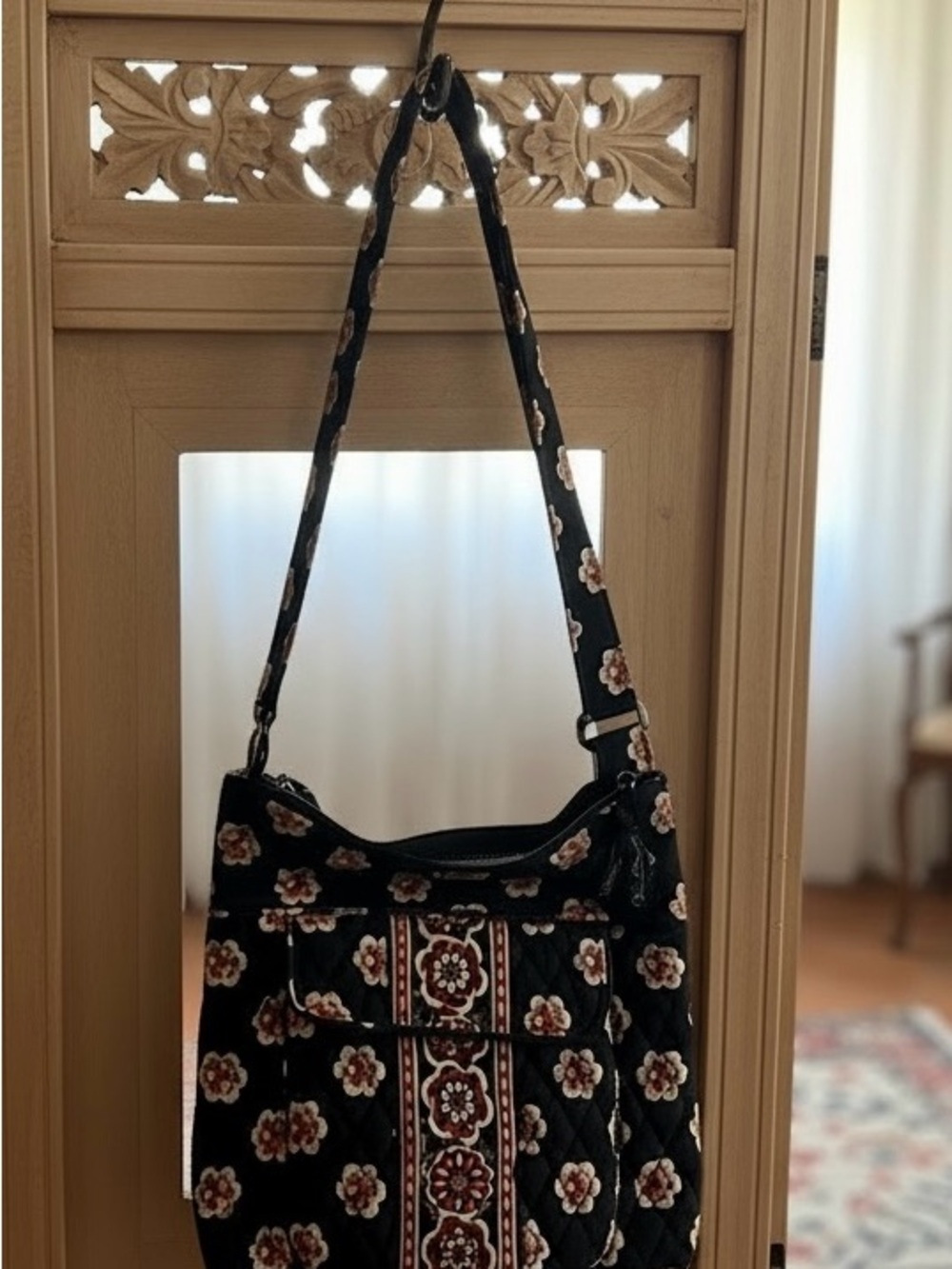 Vera Bradley Black Quilted Shoulder Bag with Cream & Brown Floral Trim